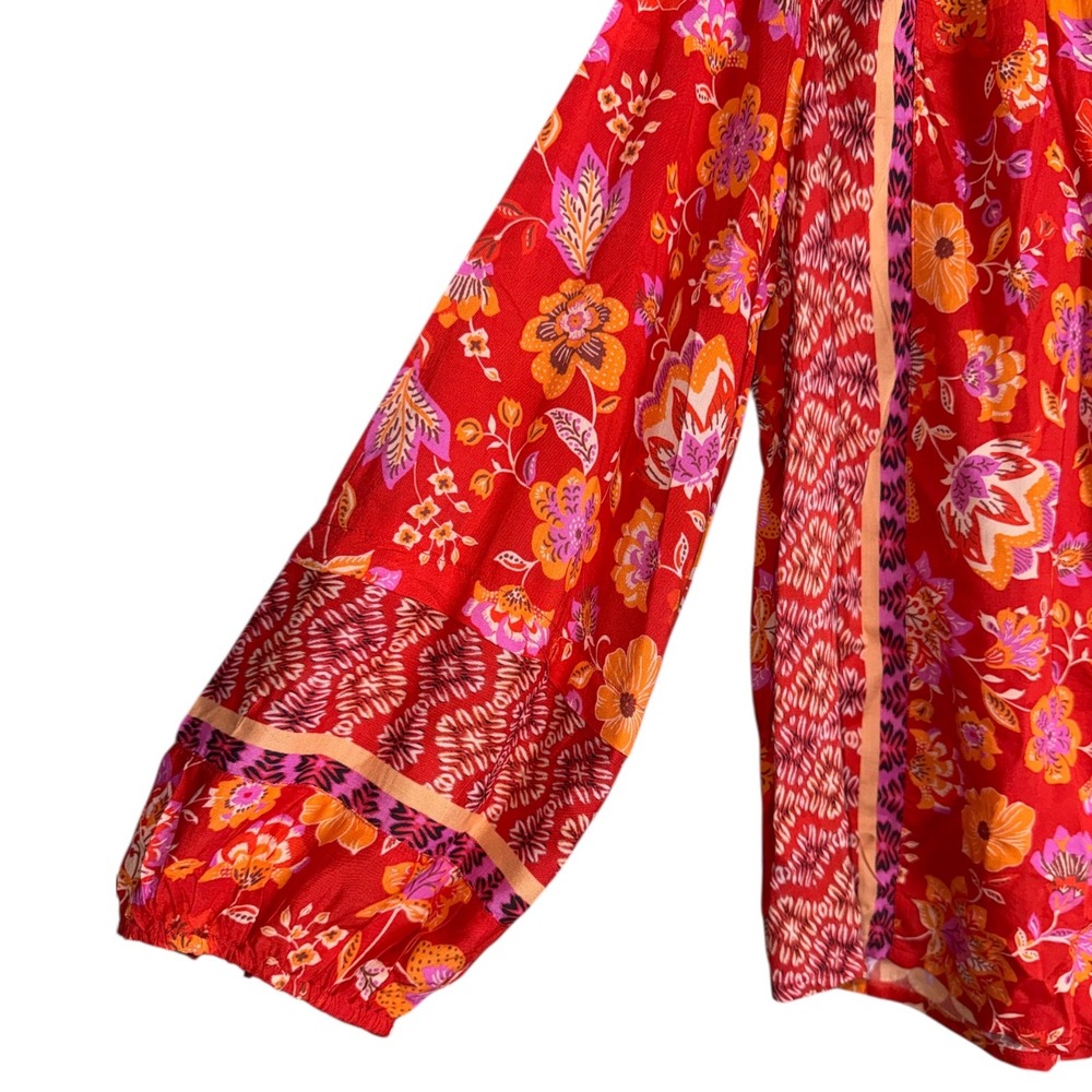 Liverpool Womens 3X Blouse Orange Red Floral Blouson Sleeve Button Front NWT $98 - Picture 3 of 6
